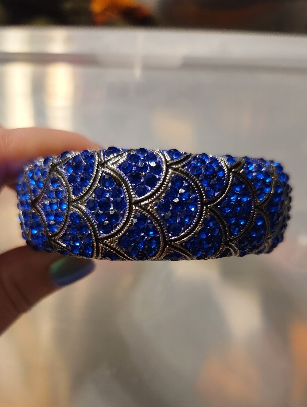 Blue Crystal Pave Statement Bangle Bracelet